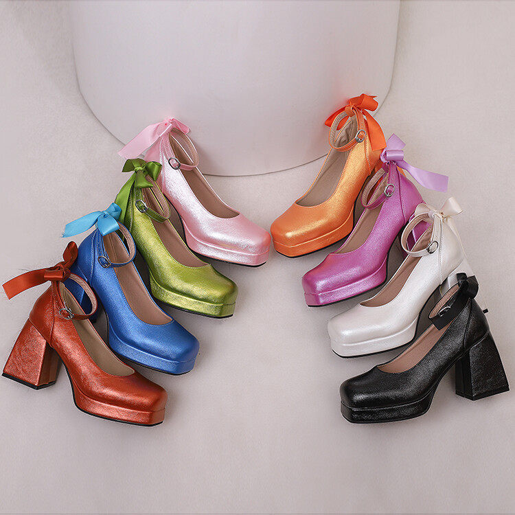 Women's High Heel Chunky Platform Single Shoes with Bow - Image 3