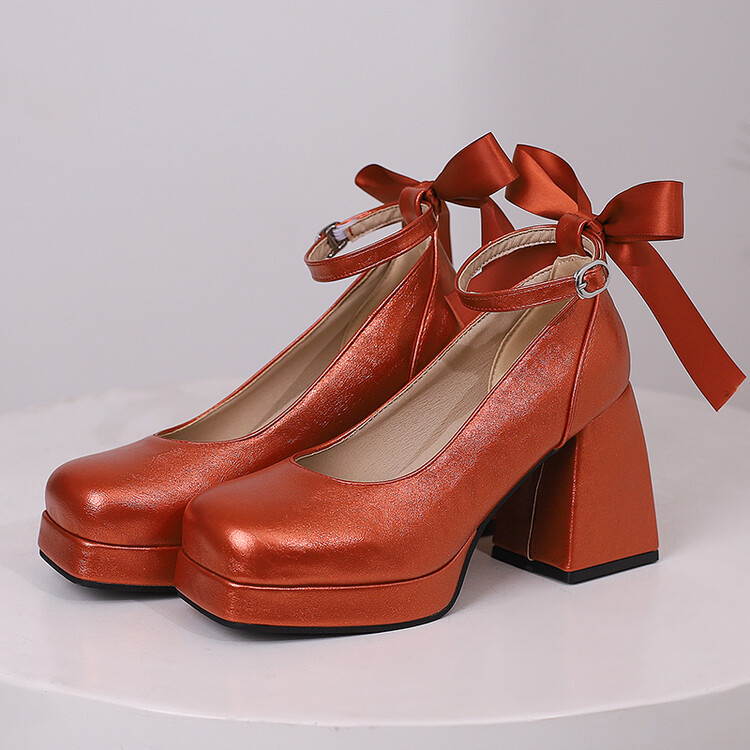 Women's High Heel Chunky Platform Single Shoes with Bow - Image 5