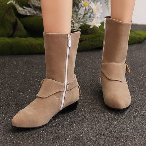 Fashion Ankle Boots for Women and Men - Suede Upper, Chunky Mid Heel, Side Zip