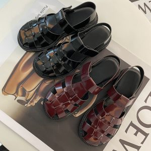 British Style Leather Sport Sandals with T-Strap and Cutout Design
