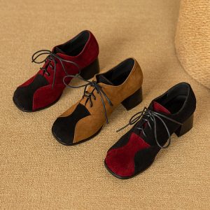 Deep Mouth Flat Shoes - Retro Style with Color Blocking and Lace-Up