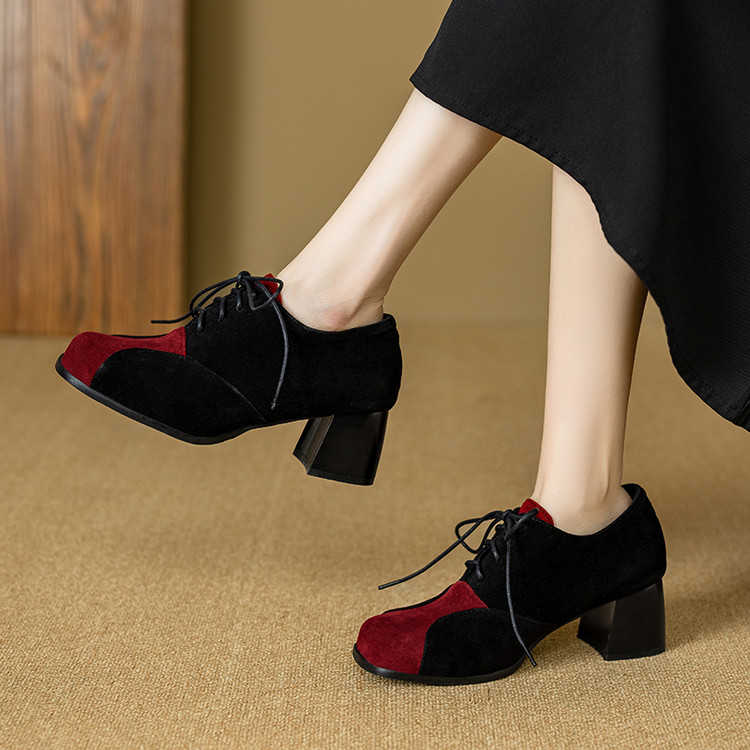 Deep Mouth Flat Shoes - Retro Style with Color Blocking and Lace-Up - Image 2