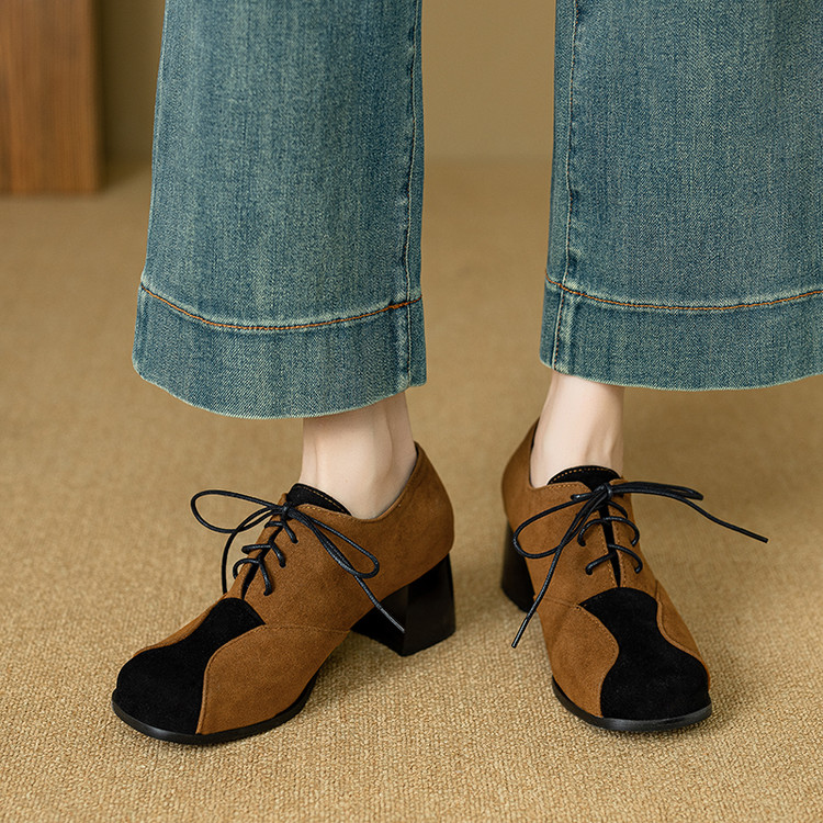 Deep Mouth Flat Shoes - Retro Style with Color Blocking and Lace-Up - Image 3