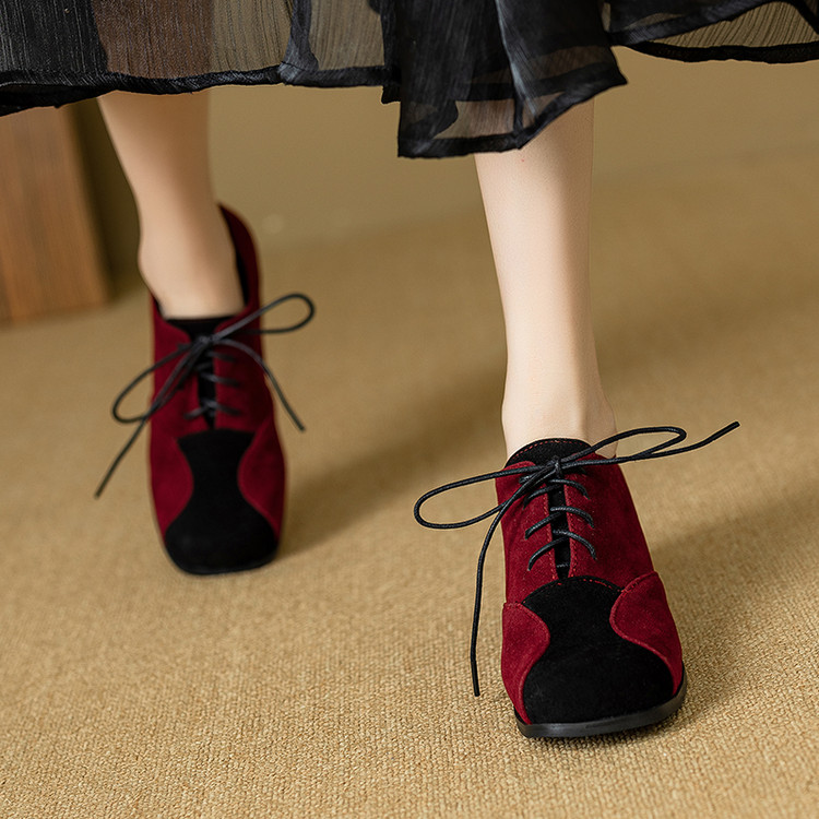Deep Mouth Flat Shoes - Retro Style with Color Blocking and Lace-Up - Image 4