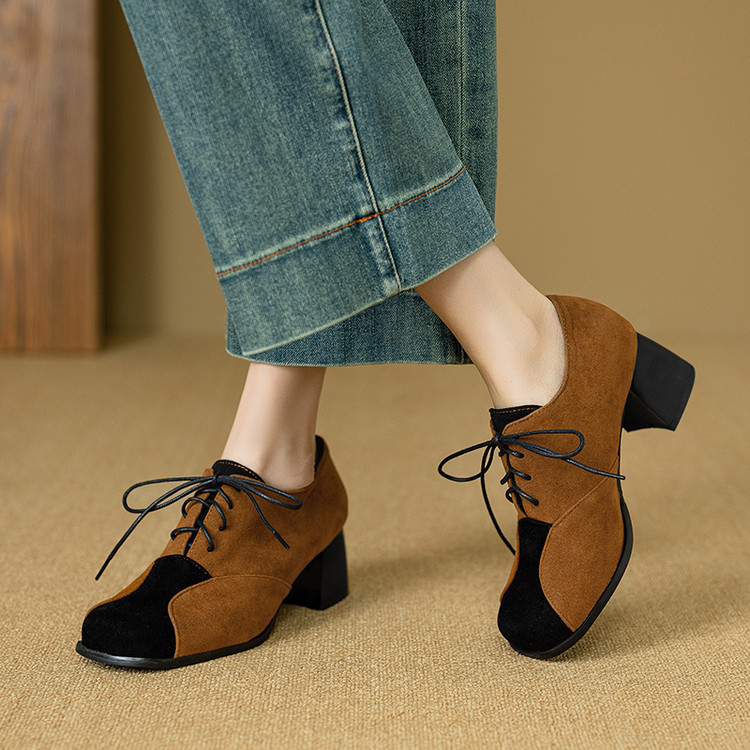 Deep Mouth Flat Shoes - Retro Style with Color Blocking and Lace-Up - Image 5