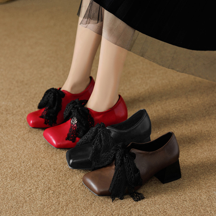 Women's Deep Mouth Flat Shoes with Lace Bow Square Toe