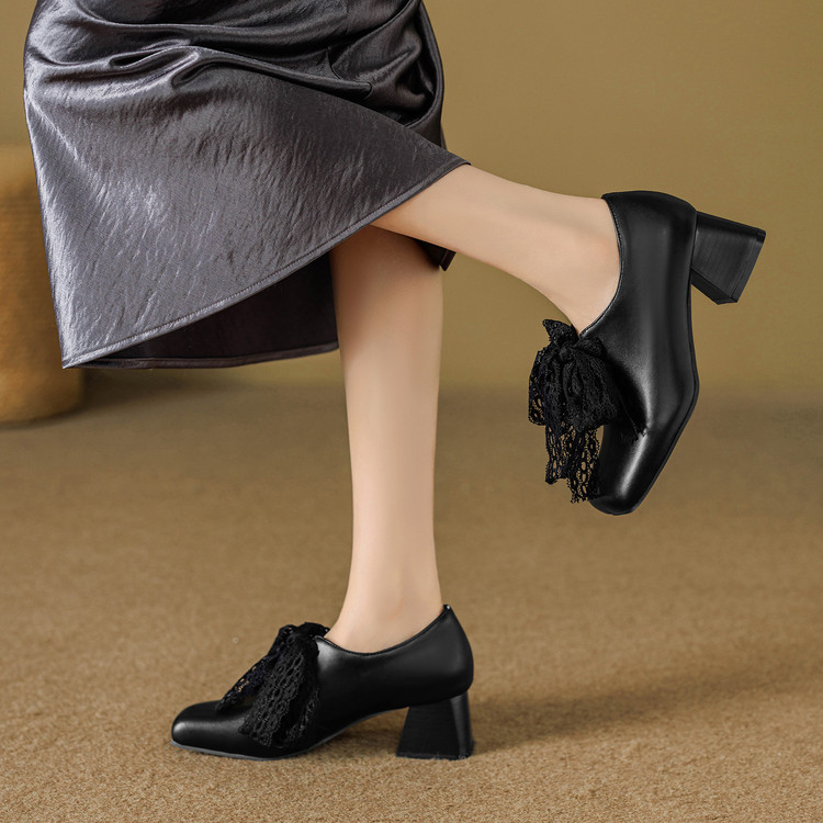 Women's Deep Mouth Flat Shoes with Lace Bow Square Toe - Image 2