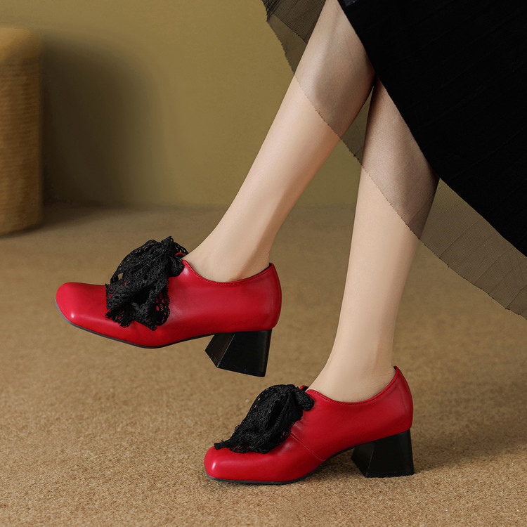 Women's Deep Mouth Flat Shoes with Lace Bow Square Toe - Image 3