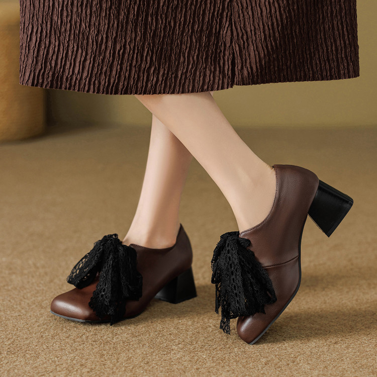 Women's Deep Mouth Flat Shoes with Lace Bow Square Toe - Image 4