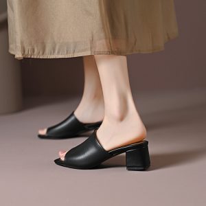 Women's Leather Sport Sandals with Mid Block Heel and Roman Cutout Design